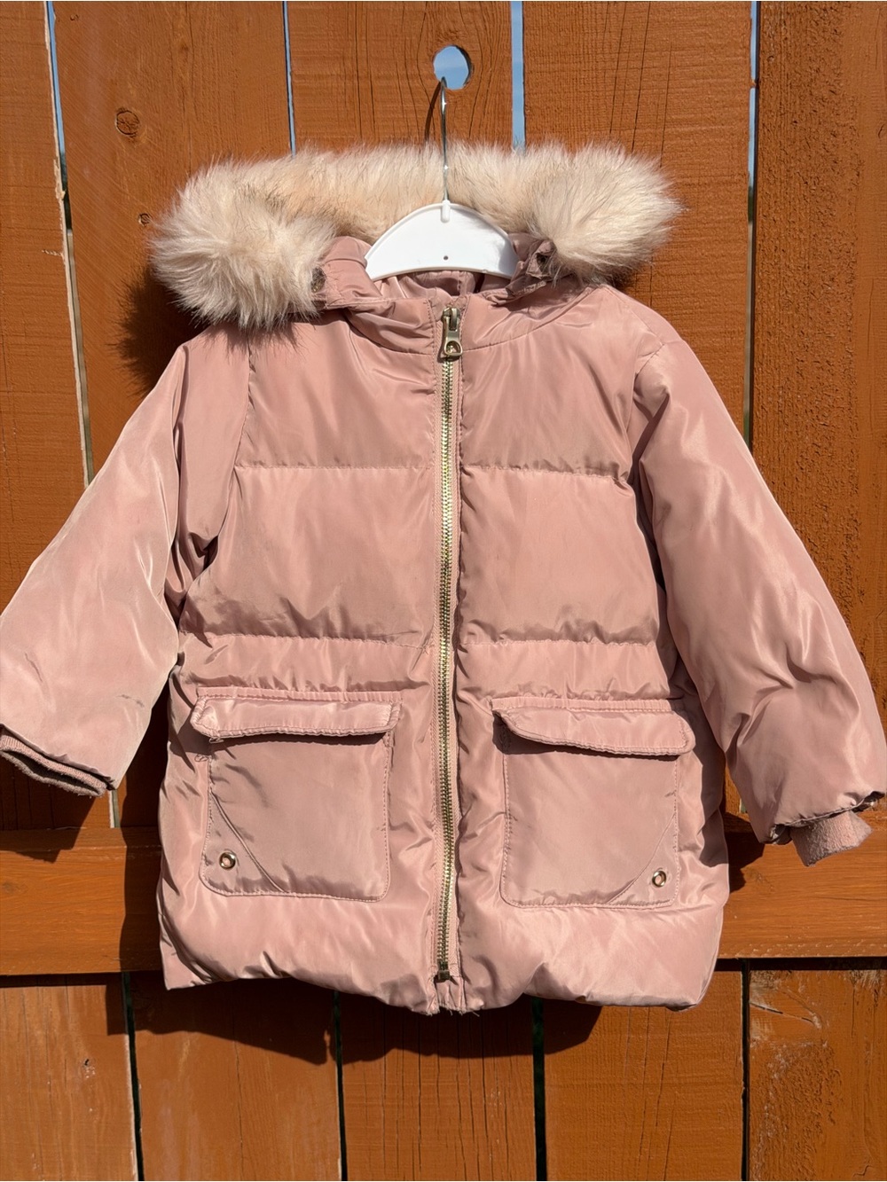 Zara Blush Pink Hooded Puffer Coat with Faux Fur Trim